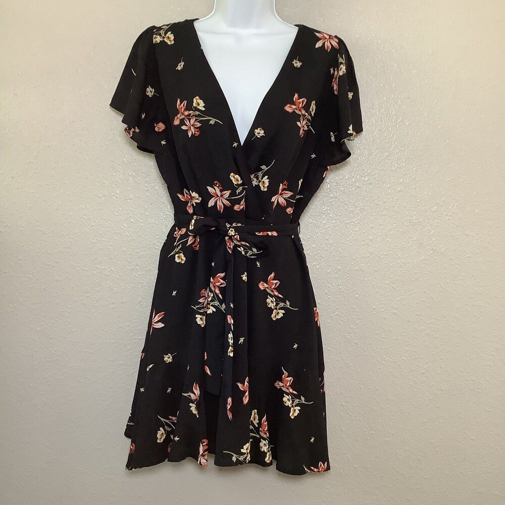 Black‎ Floral Dark Feminine Girly Spring Summer Casual Babydoll Mini Dress L